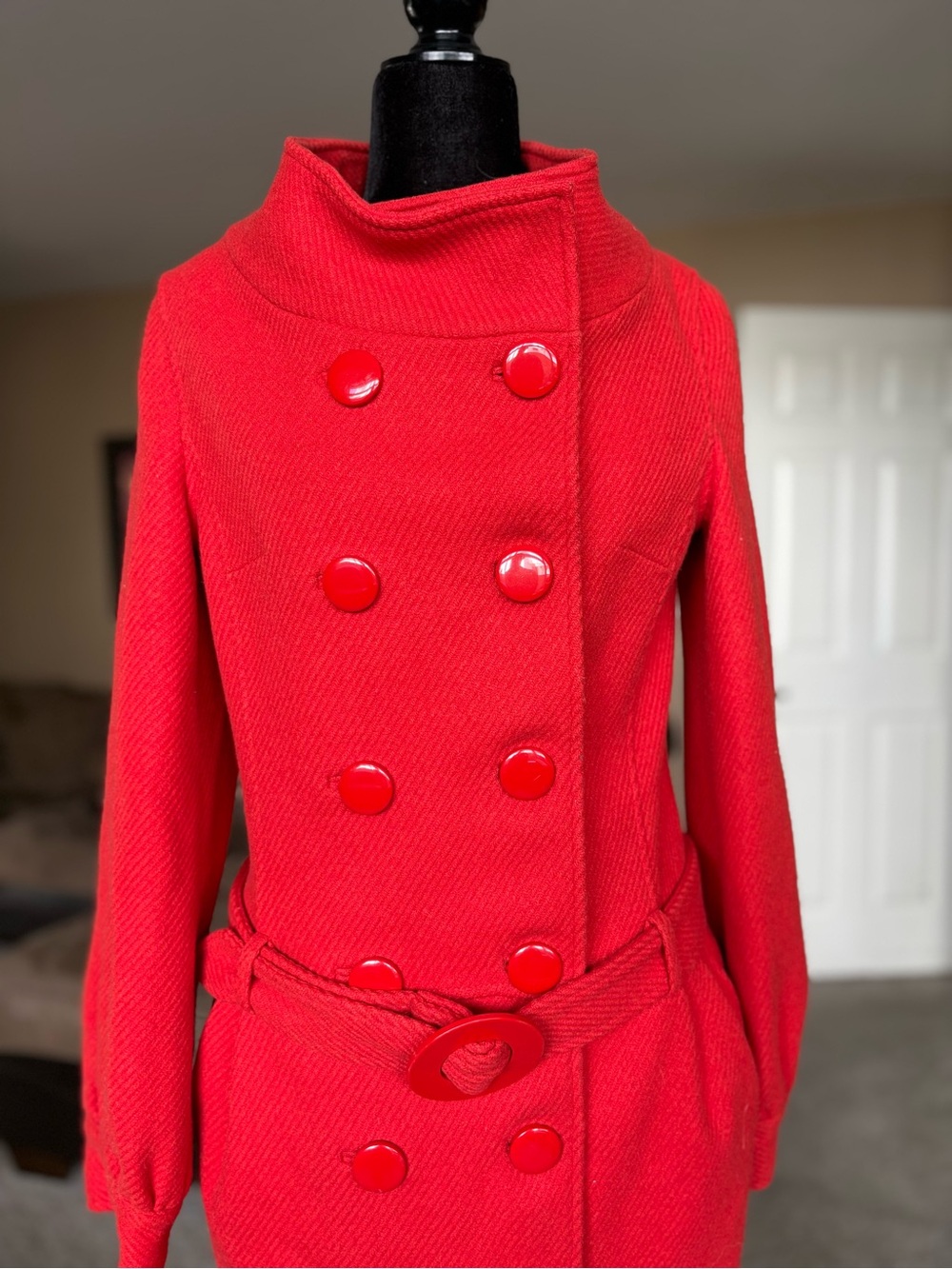 Vintage H&M Orange/Red Double-Breasted Women's Coat with Belt size 8
